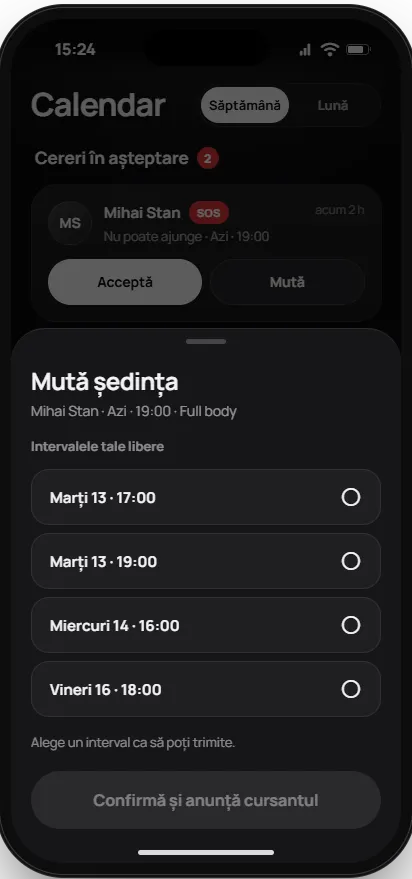Antrenorul: foaia „Mută ședința” cu intervalele libere